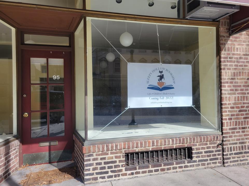 The sign advertising the incoming Sleepy Hollow Bookshop. The store will tentatively open fall 2022.