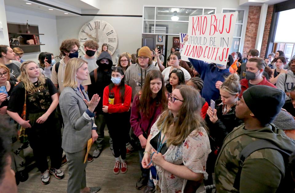 University of Central Oklahoma President Patti Neuhold-Ravikumar talks with students in April in her office after the group marched to her office in protest of planned budget cuts as well as other concerns.