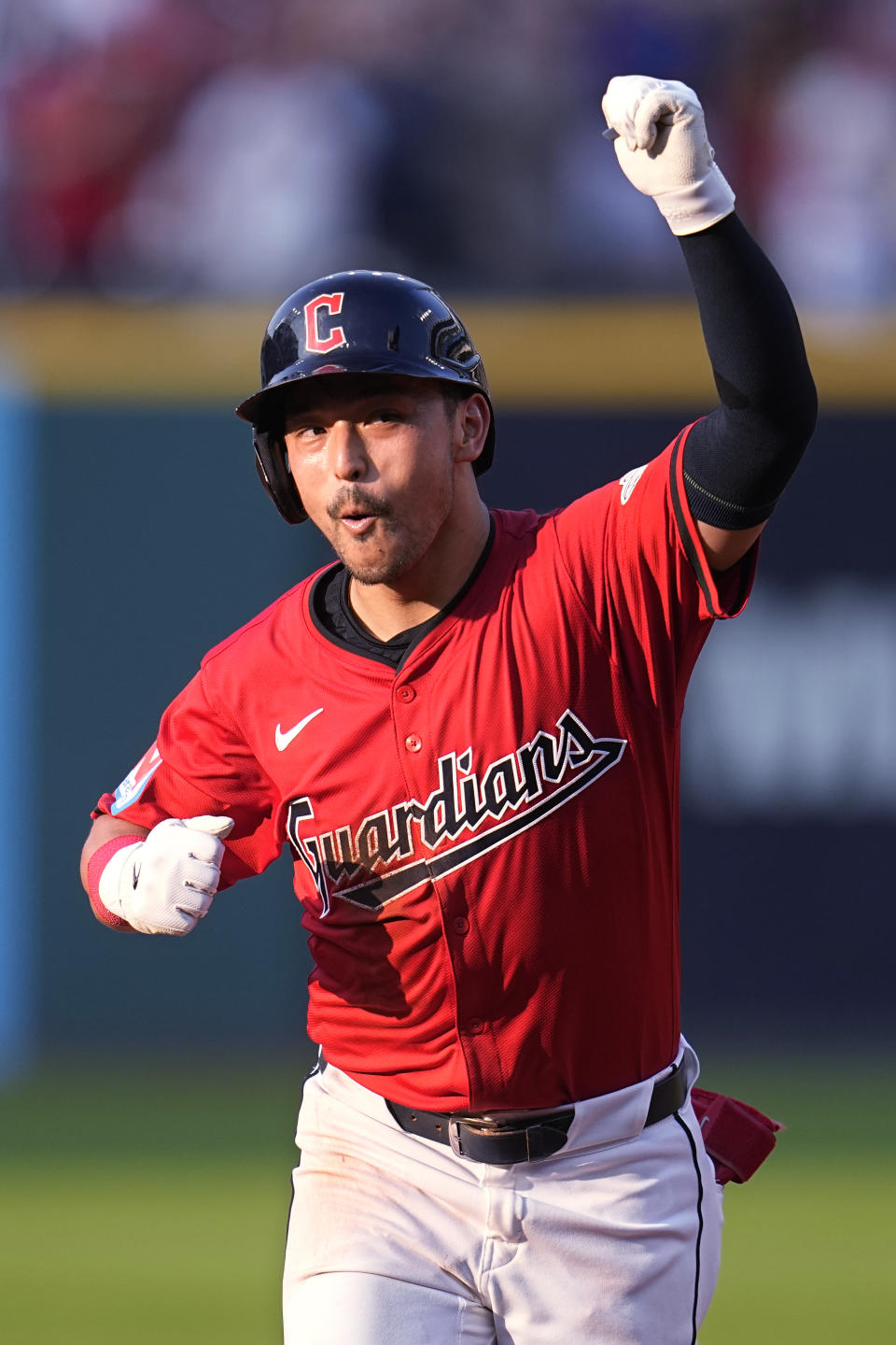 Cleveland Guardians' Steven Kwan gestures as he runs the bases on a home run against the Seattle Mariners during the second inning of a baseball game Wednesday, June 19, 2024, in Cleveland. (AP Photo/Sue Ogrocki)