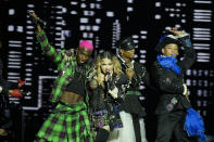 Madonna performs in the final show of her The Celebration Tour, on Copacabana Beach in Rio de Janeiro, Brazil, Saturday, May 4, 2024. (AP Photo/Silvia Izquierdo)