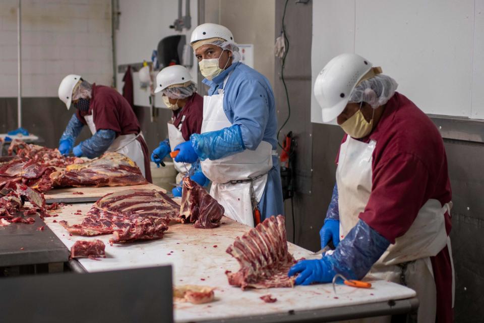 Butchers chop up beef at Jones Meat & Food Services in Rigby, Idaho, May 26, 2020. - As coronavirus clusters in slaughterhouses around the world continue to multiply, health experts are calling for better virus monitoring to prevent further infection. Slaughterhouses are shutting down across the United States after thousands of cases were confirmed. Four managers responsible for ensuring social distancing barriers have died. The Centers for Disease Control (CDC) estimated that at least 5,000 meat and poultry workers have contracted the virus in the US alone. Local meat processors are swamped with orders in the wake of the closing and interruptions of large packing houses caused by the COVID-19 virus.  Owner Brent Jones says his business is three or four times busier than normal with his employees processing up to 100 cows a week. Local demand for meat is very high, but the cost of hamburger is what used to be the price of steak. To bypass the high prices and shortages, locals buy animals from ranchers and farmers and have local butchers kill and process an entire cow of pig, then store the meat in freezers. (Photo by Natalie Behring / AFP) (Photo by NATALIE BEHRING/AFP via Getty Images)