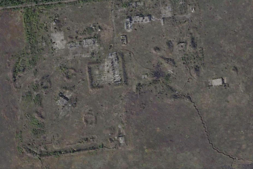 This satellite image from Oct. 19, 2023 shows the Ukrainian "Zenith" position in Avdiivka, Ukraine. The loss of the city of Avdiivka in February, 2024 marked the end of a long, exhausting defense for the Ukrainian military. One brigade had defended the same block of buildings for months without a break. (Planet Labs via AP)