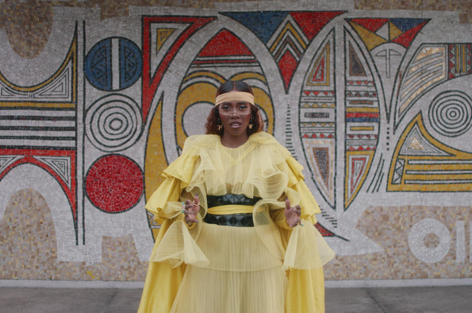 This image released by Disney Plus shows Tiwa Savage in "Keys to the Kingdom" a scene from Beyonce's visual album "Black is King," premiering Friday on Disney Plus. (Parkwood Entertainment/Disney Plus via AP)