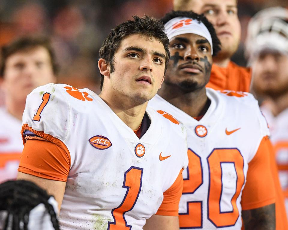 Clemson running back Will Shipley (1) and running back Kobe Pace (20) look at the video screen of action during the fourth quarter at Williams Brice Stadium in Columbia, South Carolina Saturday, November 27, 2021.