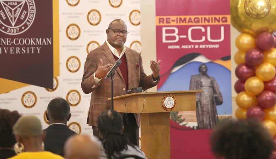 Lawrence Drake, now the interim president of Bethune-Cookman University, is seen speaking to an audience at the school's March B-CU Now, Next & Beyond visioning session.