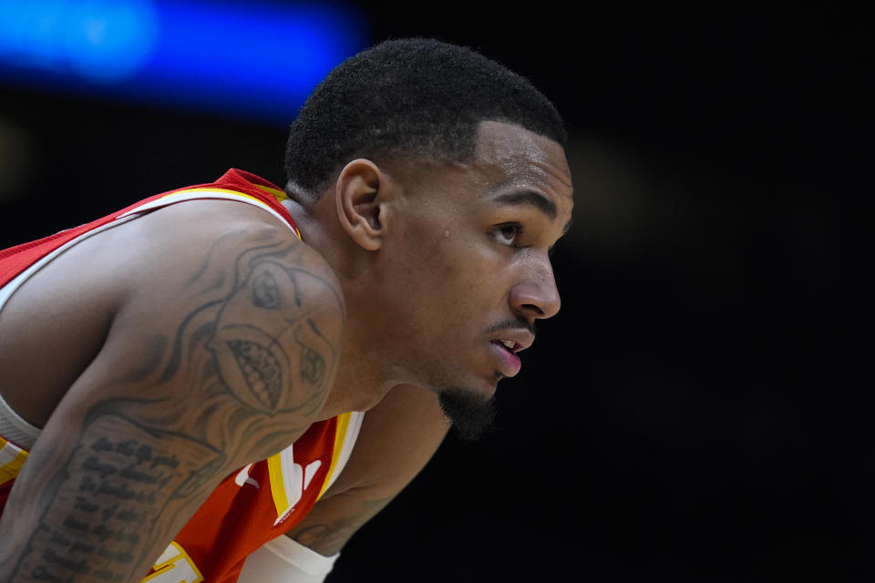 Atlanta Hawks guard Dejounte Murray (5) is shown against the Phoenix Suns in the first half of an NBA basketball game Friday, Feb. 2, 2024, in Atlanta. (AP Photo/John Bazemore)