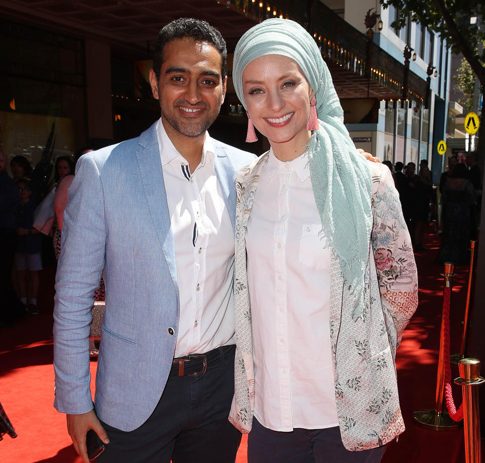 Waleed Aly and  Susan Carland attend the opening night gala Harry Potter and the Cursed Child at Princess Theatre on February 23, 2019 in Melbourne, Australia. (Photo by Scott Barbour/Getty Images)