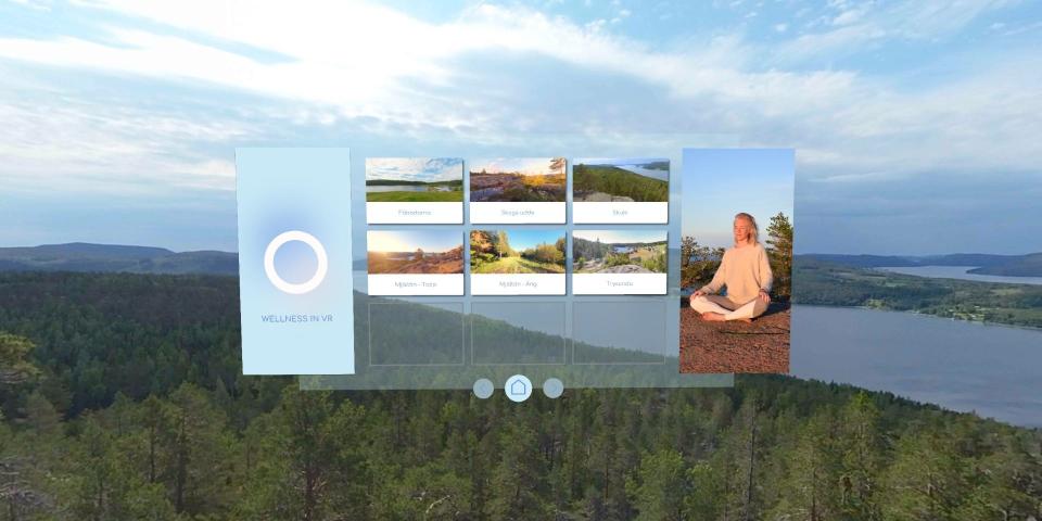 A woman sits cross-legged with her eyes closed next to a screen of options for self meditation floating above a forrest.