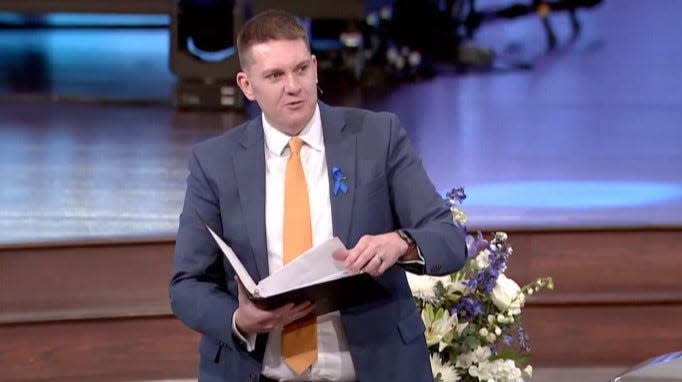 Pastor Jeremy Winter from Immanuel Lutheran talks about Dan Marburger during his funeral at Lutheran Church of Hope in West Des Moines on Jan. 20, 2024.