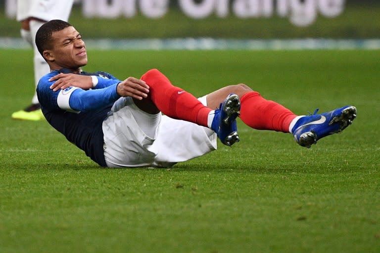 Kylian Mbappe hurt his shoulder in a heavy fall as France beat Uruguay