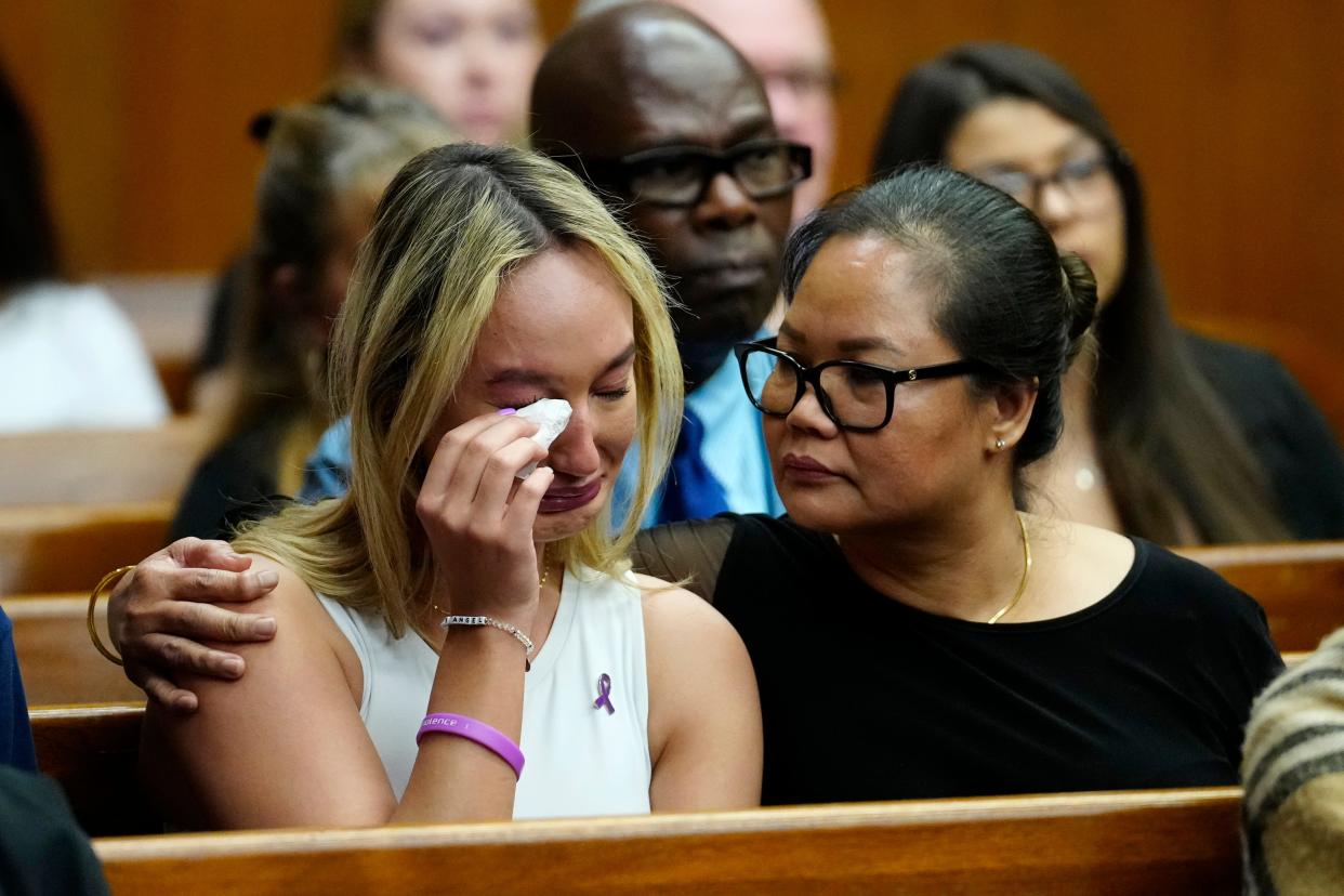 Alexis Ruhlen is comforted by her mother, Shirley Ruhlen, after reading her victim impact statement at the Bergen County Courthouse in Hackensack on Monday, April 15, 2024. Ruhlen detailed approximately 18 months that she was emotionally and physically abused by her ex-boyfriend, Pawel Sliwinski (not shown). Sliwinski, who pleaded guilty to first-degree kidnapping and other charges, was sentenced to seven years in prison.
