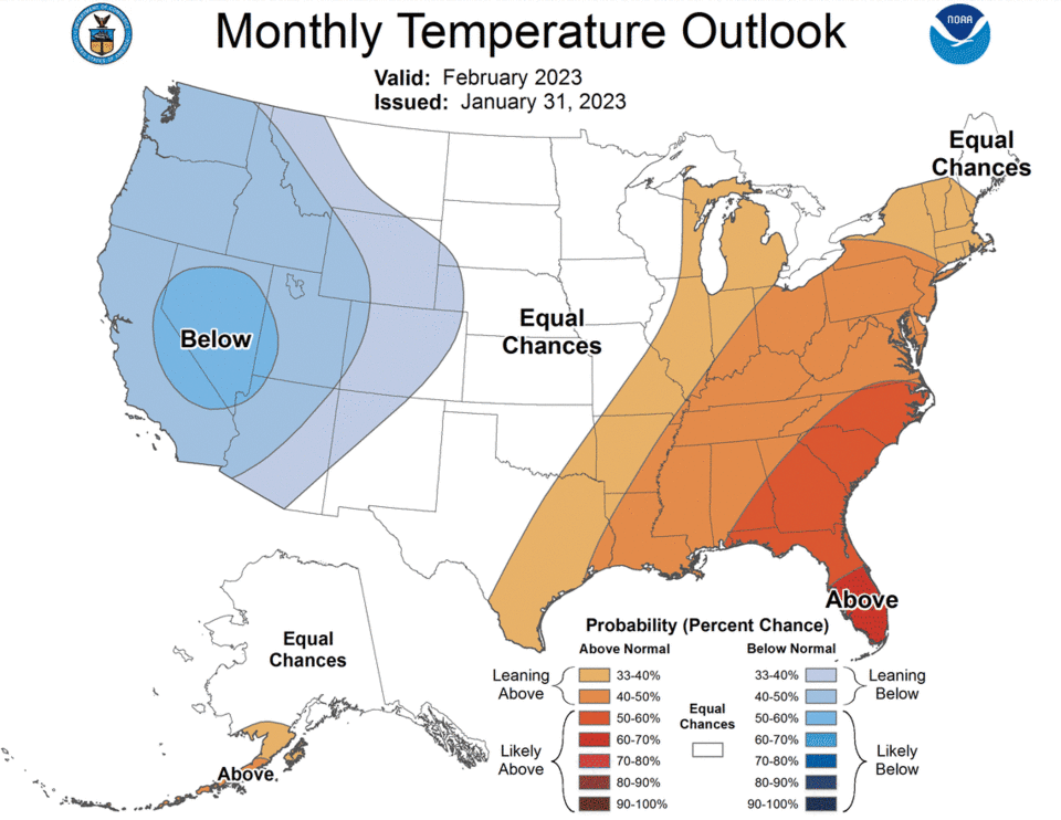 Monthly temperature outlook from Jan 31, 2023 to February 2023.