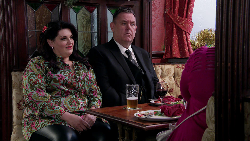 FROM ITV

STRICT EMBARGO - No Use Before Tuesday 13th December 2022

Coronation Street - Ep 1082526

Monday 19th December 2022

Glenda Shuttleworth [JODIE PRENGER], Sean Tully [ANTONY COTTON] and Mary Taylor [PATTI CLARE] interrogate George Shuttleworth [TONY MAUDSLEY], wanting to know what present heâ€™s got for Eileen after the funeral plan debacle last Christmas.

Picture contact - David.crook@itv.com

This photograph is (C) ITV Plc and can only be reproduced for editorial purposes directly in connection with the programme or event mentioned above, or ITV plc. Once made available by ITV plc Picture Desk, this photograph can be reproduced once only up until the transmission [TX] date and no reproduction fee will be charged. Any subsequent usage may incur a fee. This photograph must not be manipulated [excluding basic cropping] in a manner which alters the visual appearance of the person photographed deemed detrimental or inappropriate by ITV plc Picture Desk. This photograph must not be syndicated to any other company, publication or website, or permanently archived, without the express written permission of ITV Picture Desk. Full Terms and conditions are available on  www.itv.com/presscentre/itvpictures/terms
