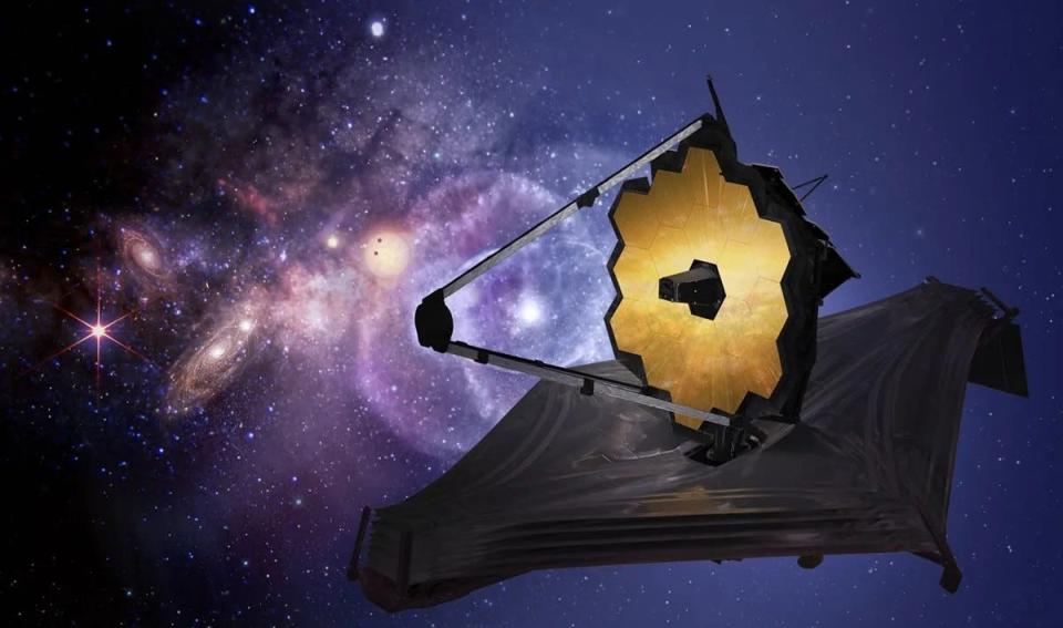 illustration of the james webb space telescope with gold panels against a starry purple background