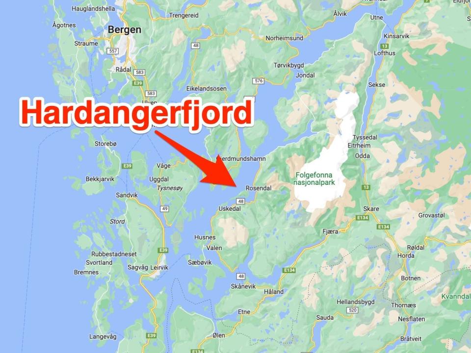 Der Hardangerfjord ist der drittlängste Fjord der Welt. - Copyright: Google Maps