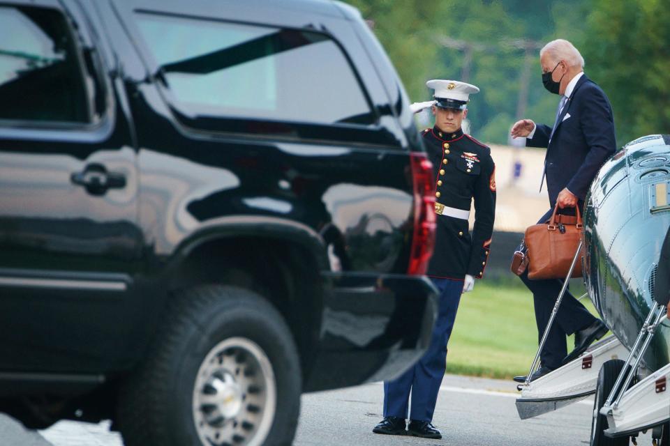 President Joe Biden steps off Marine One upon arrival at Walter Reed Medical Center in Bethesda, Maryland to visit First Lady Jill Biden on July 29, 2021.