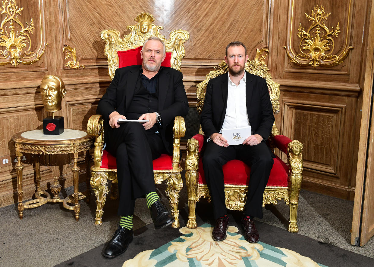 Greg Davies and Alex Horne during for the UKTV Live new season launch at Claridge's hotel, London.