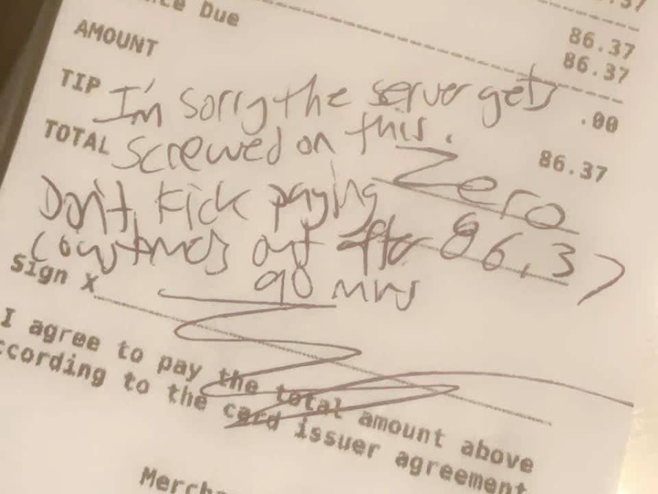 <p>A photo of the bill received by a waitress at The Glenbrook Brewery in Michigan</p> (Jamie Lauren/Facebook)