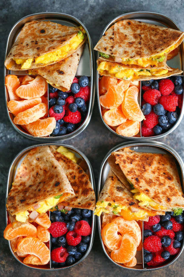 <p>Meal prep ahead of time so you can have breakfast done right every morning! This breakfast quesadillas recipe has less than 300 calories per serving!</p><p><strong>Get the recipe: <a href="https://damndelicious.net/2019/01/11/ham-egg-and-cheese-breakfast-quesadillas/" rel="nofollow noopener" target="_blank" data-ylk="slk:Ham Egg and Cheese Breakfast Quesadillas;elm:context_link;itc:0;sec:content-canvas" class="link "><em>Ham Egg and Cheese Breakfast Quesadillas</em></a></strong></p><p>Damn Delicious</p>