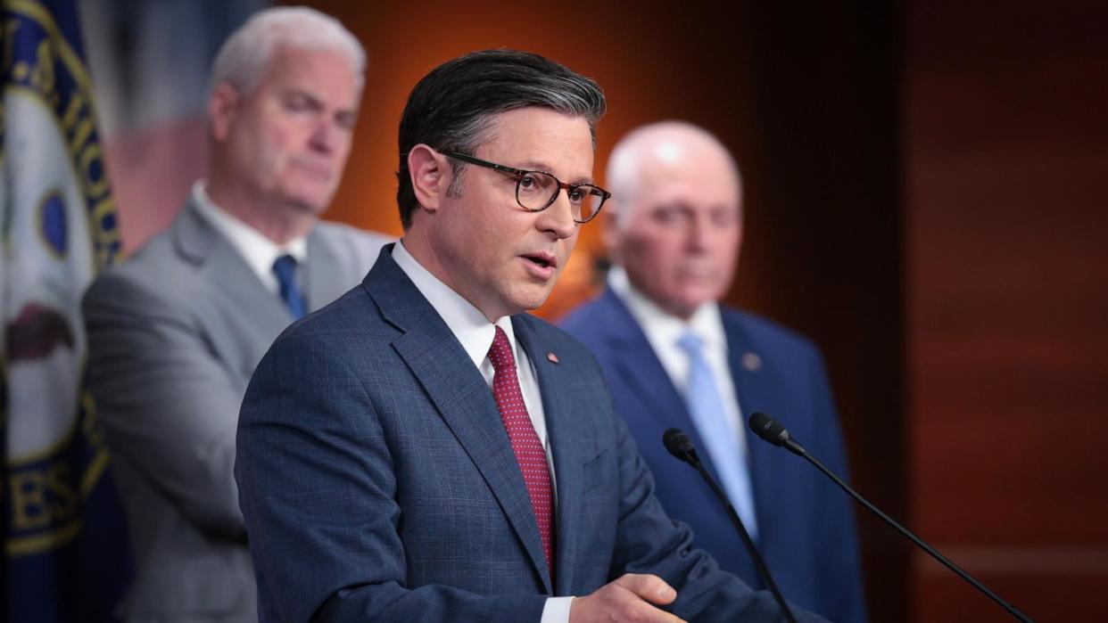 PHOTO: U.S. Speaker of the House Mike Johnson (R-LA) speaks during a press conference at the U.S. Capitol April 16, 2024 in Washington, DC. (Win Mcnamee/Getty Images)