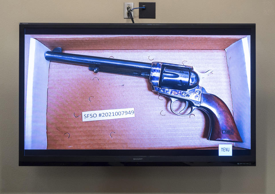 CORRECTS SOURCE TO ALBUQUERQUE JOURNAL INSTEAD OF SANTA FE NEW MEXICAN - The revolver that actor Alec Baldwin was holding and fired, killing cinematographer Halyna Hutchins and wounding the film’s director, Joel Souza, is displayed during the trial against Hannah Gutierrez-Reed, in Santa Fe, N.M., Thursday, Feb. 22, 2024. (Eddie Moore/The Albuquerque Journal via AP, Pool)