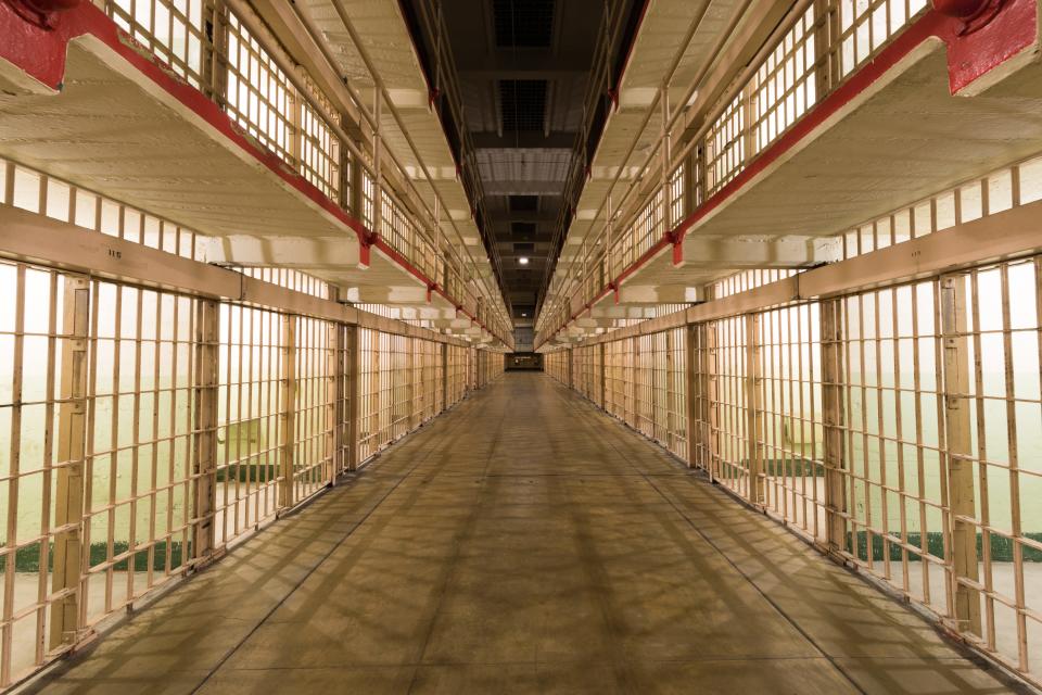 Broadway, the main corridor of the cellhouse dividing B and C Blocks of Alcatraz Prison at Alcatraz Island.