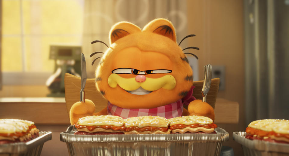 This image released by Sony Pictures shows Garfield, voiced by Chris Pratt, in a scene from the animated film "The Garfield Movie." (Columbia Pictures/Sony via AP)