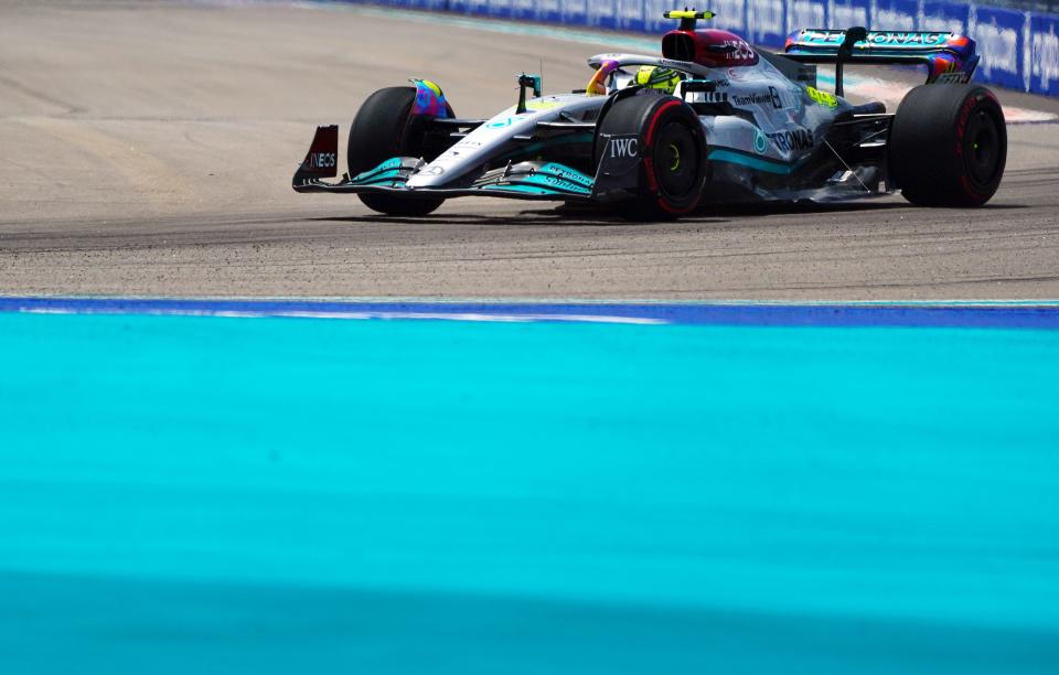 Mercedes driver Lewis Hamilton of Britain races through the circuit Friday during the first practice session for the Miami Grand Prix at Miami International Autodrome.