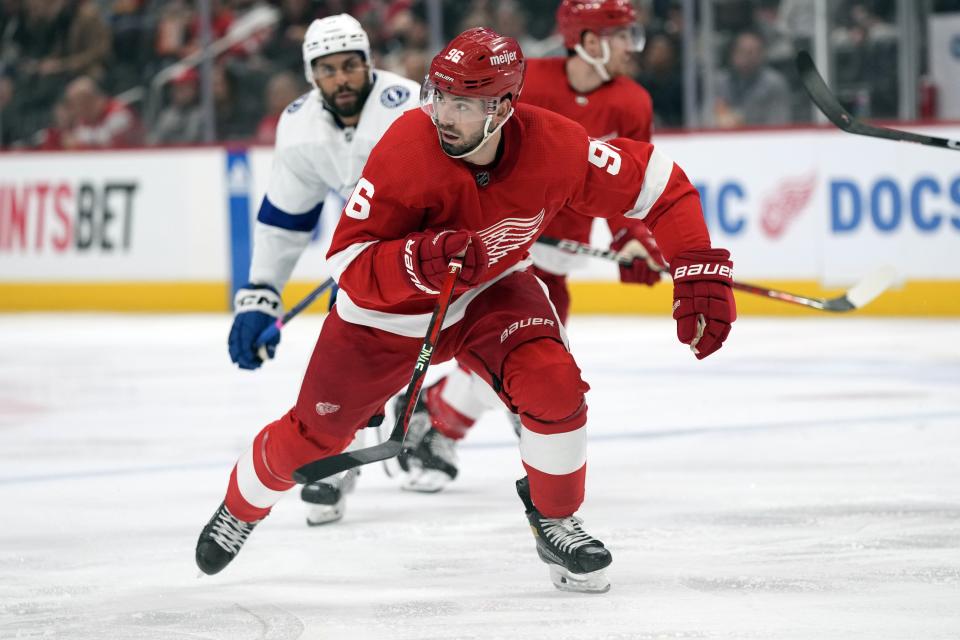 Red Wings defenseman Jake Walman skates during the second period against the Lightning on Wednesday, Dec. 21, 2022, at Little Caesars Arena.
