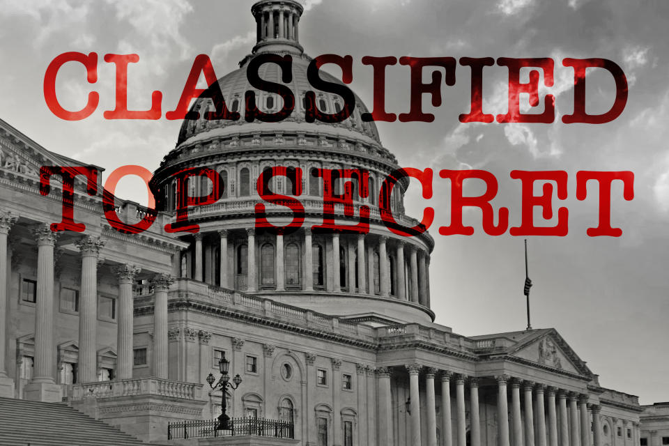 Image of the Capitol Building with the words "CLASSIFIED TOP SECRET" superimposed
