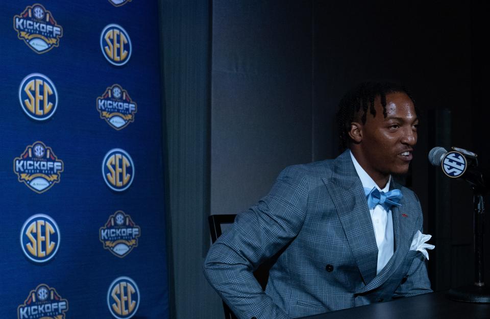 Deantre Prince of Ole Miss answers questions at the 2023 SEC Media Days in Nashville.