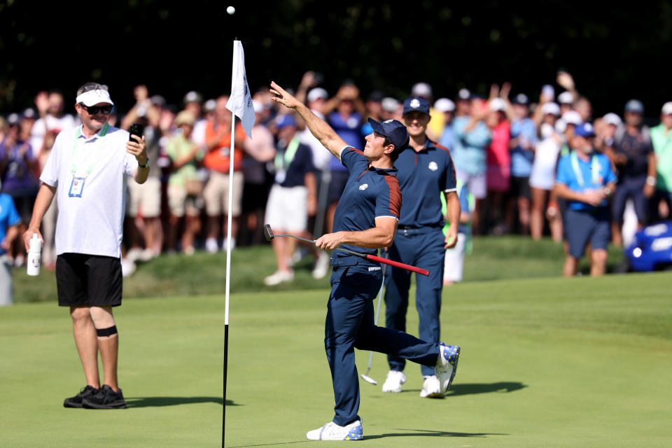 ROME, ITALY - SEPTEMBER 28: Viktor Hovland of Team Europe throws a ball into the crowd following a hole-in-one on the fifth hole during a practice round prior to the 2023 Ryder Cup at Marco Simone Golf Club on September 28, 2023 in Rome, Italy. (Photo by Richard Heathcote/Getty Images)