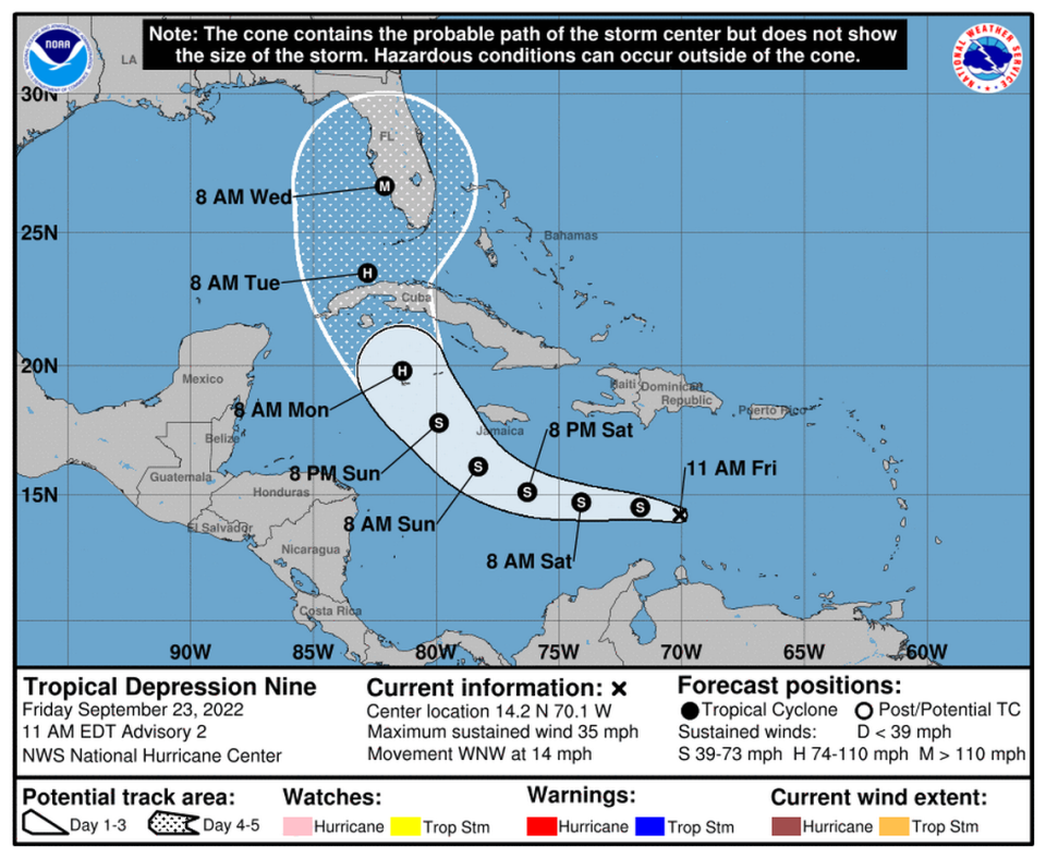 Forecast cone for Tropical Depression 9 as of 11 a.m. Friday