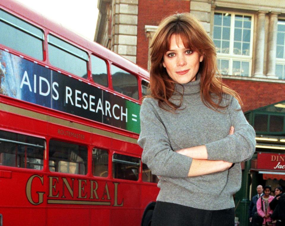 Former Brookside star Anna Friel launches a new bus poster in support of Aids research at The Transport Museum in central London this morning (Tuesday).The campaign, funded by the transport advertising company TDI (Transport Displays Incorporated), aims to remind everyone about the dangers of HIV, the virus believed to cause Aids, and to call for more research funding. The poster, which reads 'Aids research = Life', features the eye-catching bright colours of a painting by British artist Howard Hodgkin, who has donated the use of his artwork. It will be shown on 1,000 buses across the UK over the next three months. See PA story HEALTH Anna/By Neil Munns/PA.