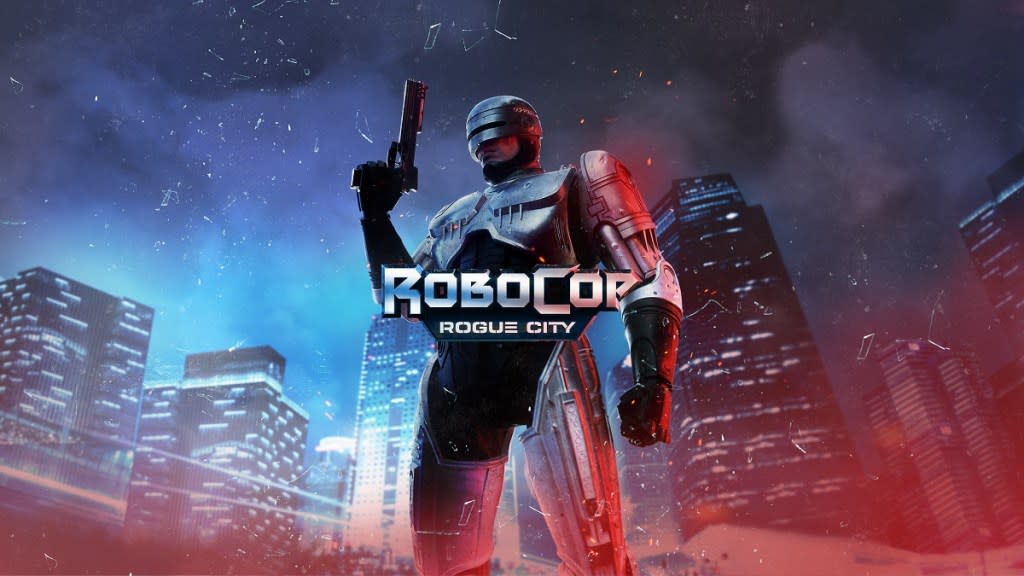 Rogue City: RoboCop posing in front of a city at night.