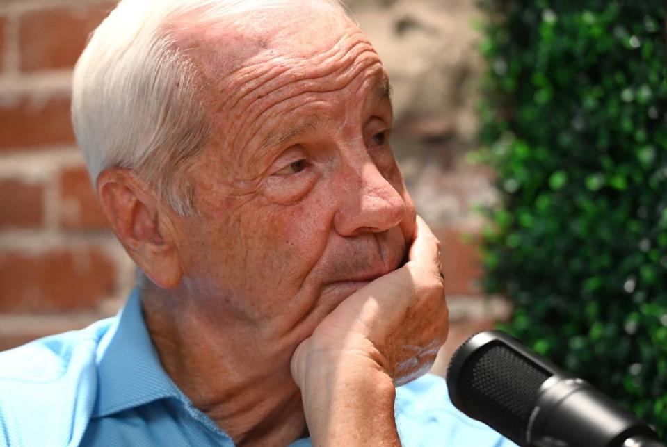 Former UNC Tar Heels head basketball coach Roy Williams listens intently to a question during a podcast on September 6, 2022.