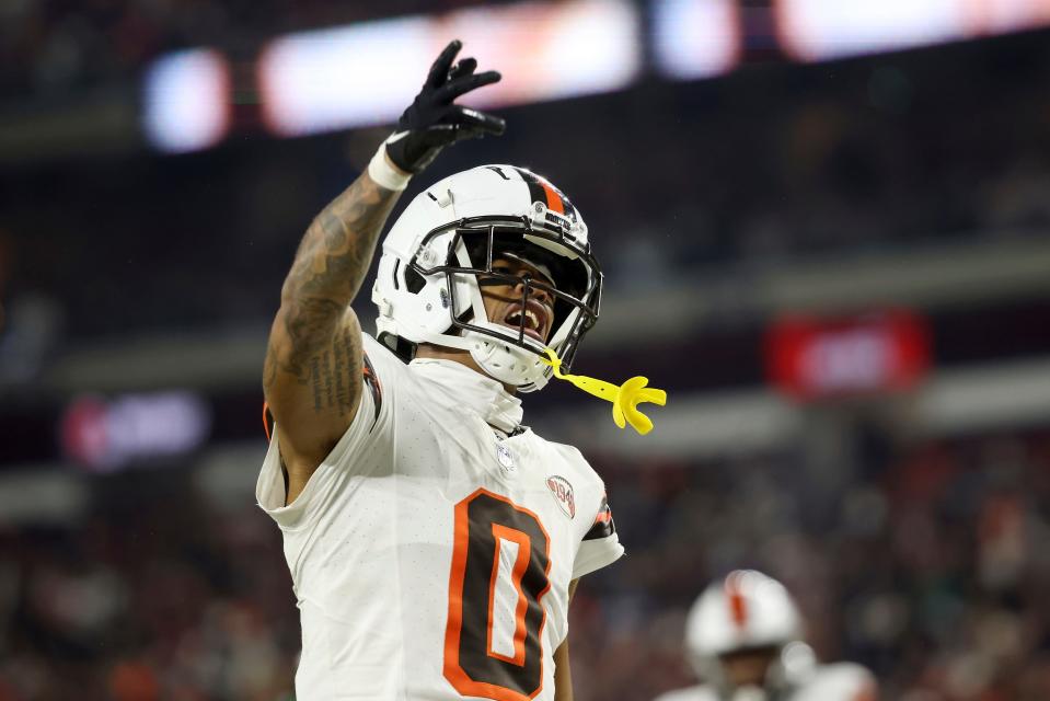 Browns cornerback Greg Newsome II reacts after making a defensive stop against the New York Jets, Thursday, Dec. 28, 2023, in Cleveland.