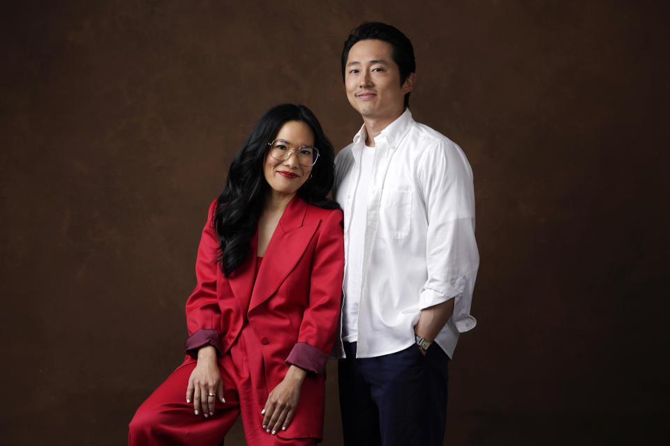 Ali Wong, left, and Steven Yeun, the co-stars of the Netflix series "Beef," pose together for a portrait, Tuesday, March 28, 2023, at the London Hotel in West Hollywood, Calif. (AP Photo/Chris Pizzello)