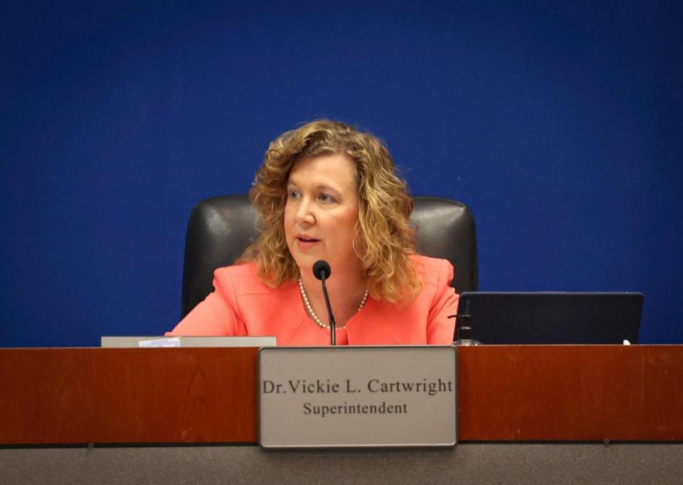 Vickie Cartwright delivers her resignation speech during a Broward County School Board meeting discussing her severance package and an interim superintendent on Tuesday, Feb. 7, 2023, in downtown Fort Lauderdale.