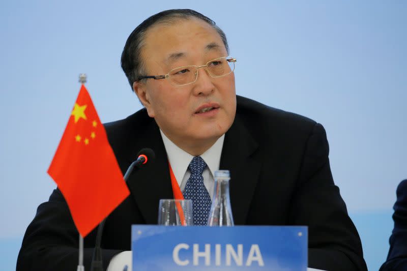 FILE PHOTO: The head of the Chinese delegation Assistant Minister of Foreign Affairs Zhang Jun delivers his opening remarks during a P5 NPT conference in Beijing