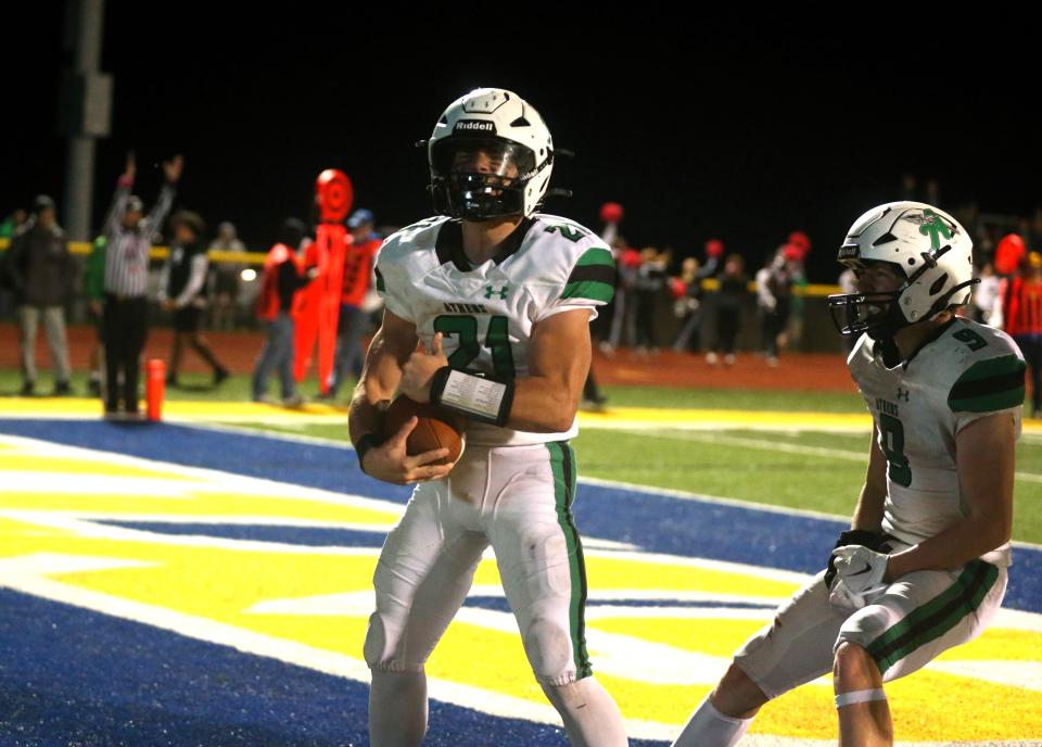 Athens' Camren Bigard celebrates a touchdown run during a Sangamo Conference football game against Maroa-Forsyth at Walter Boyd Field on Friday, Oct. 20, 2023.