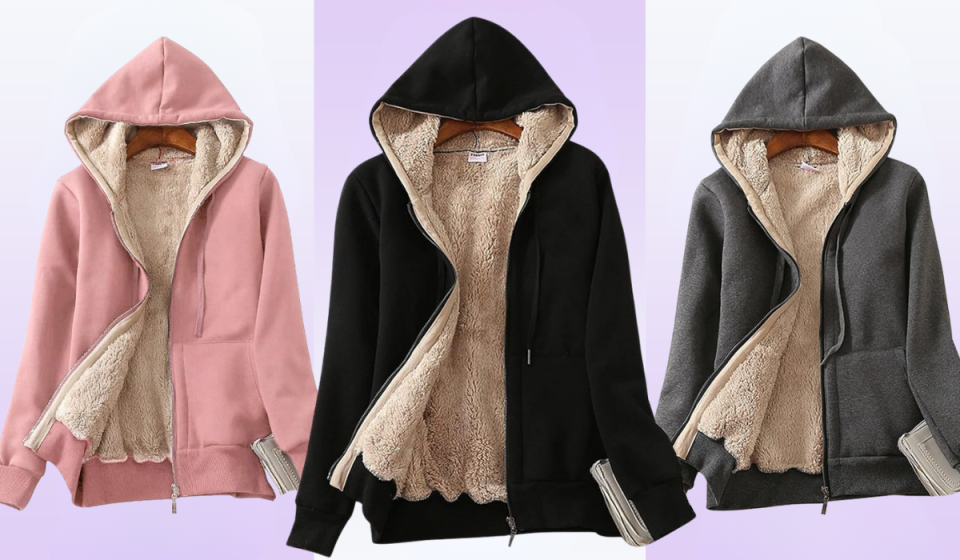 3 sherpa-lined zip-up hoodies in baby pink, black, and grey