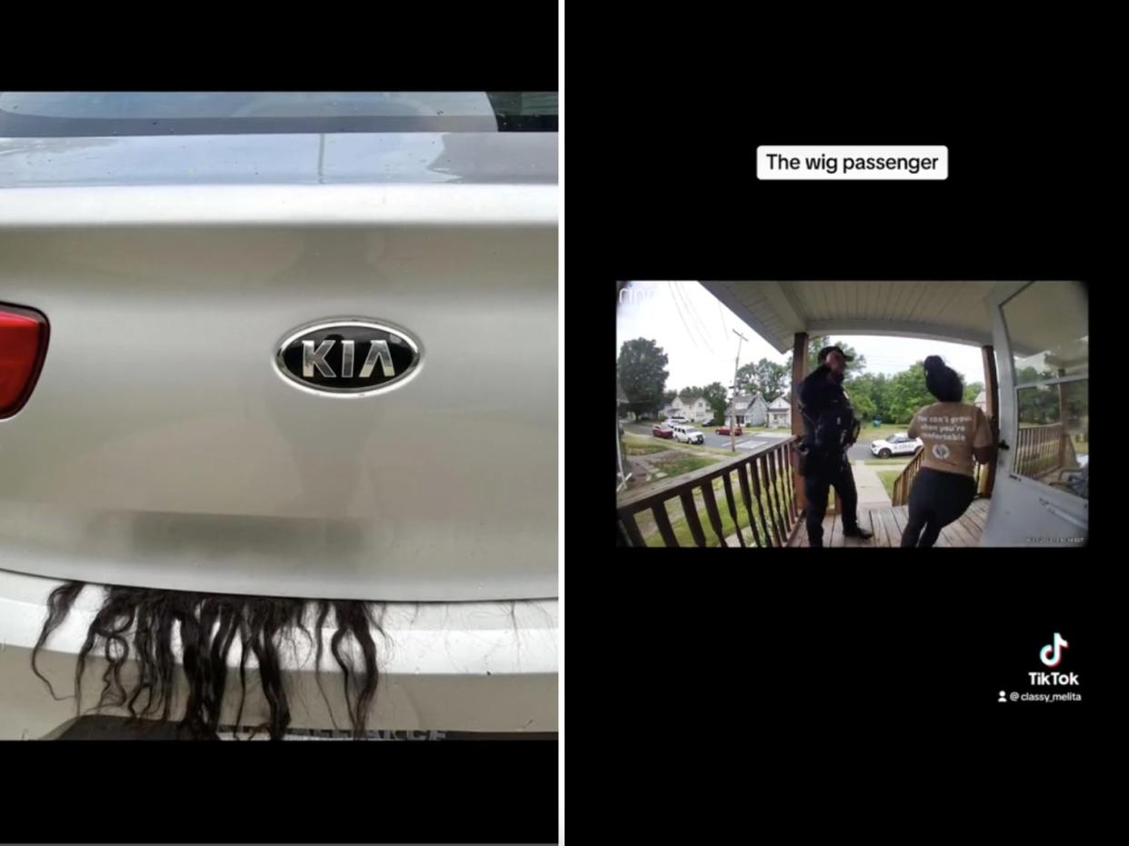 TikTok screenshots of the wig hanging out of Townsend's trunk, and of the police visit captured on Ring.