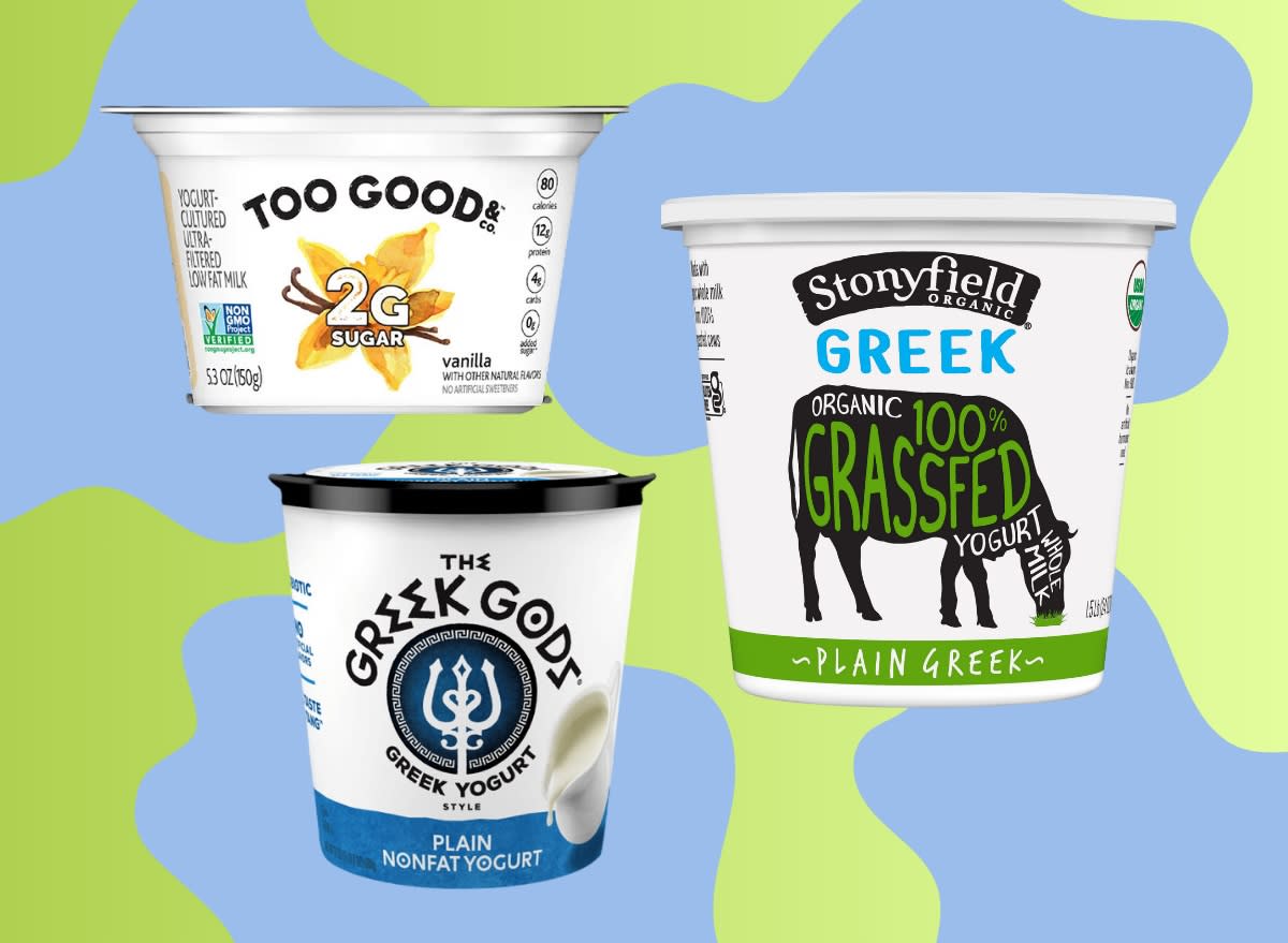 a collage of three popular greek yogurts on a colorful blue and green designed background