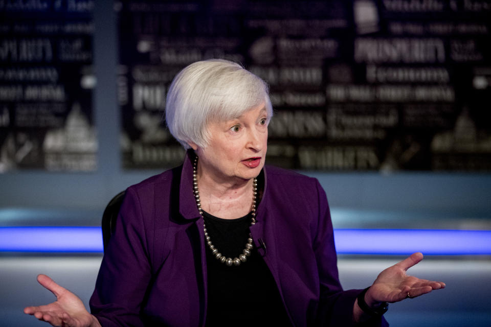 Former Fed Chair Janet Yellen appears for an interview with FOX Business Network guest anchor Jon Hilsenrath in the Fox Washington bureau, Wednesday, Aug. 14, 2019, in Washington. The interview will air this Friday at 9:30PM/ET on FOX Business Network's WSJ at Large with Gerry Baker. (AP Photo/Andrew Harnik)