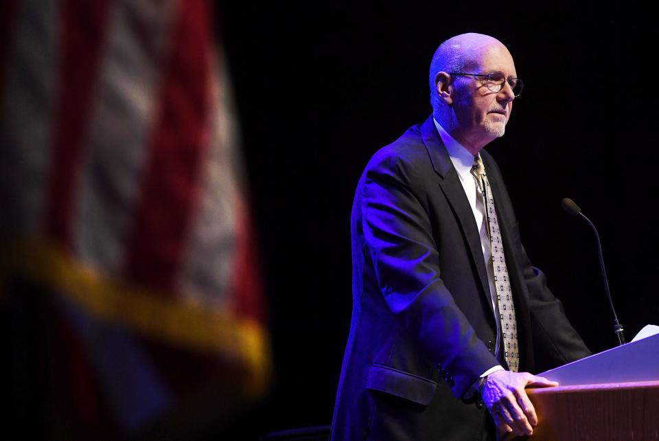 Ames Mayor John Haila speaks during the Martin Luther King Jr. Day event hosted by the city of Ames at the Ames City Auditorium on Monday, Jan. 17, 2022, in Ames, Iowa.