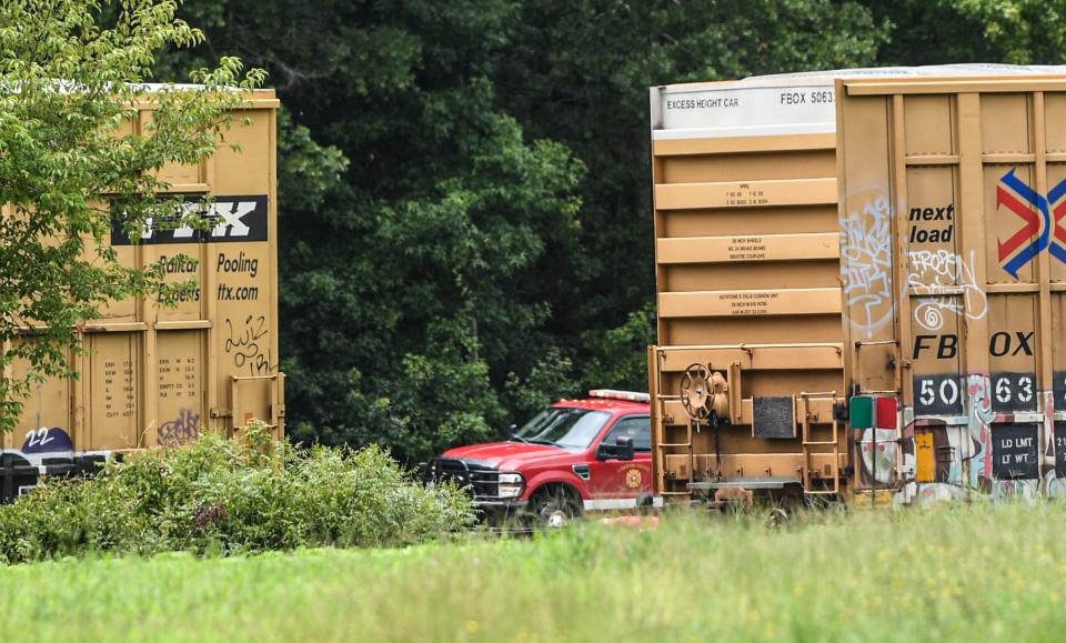 Anderson County Fire at the scene of a train derailment along State Highway 20 just outside the city limits of Belton, S.C. Thursday, July 25, 2024.