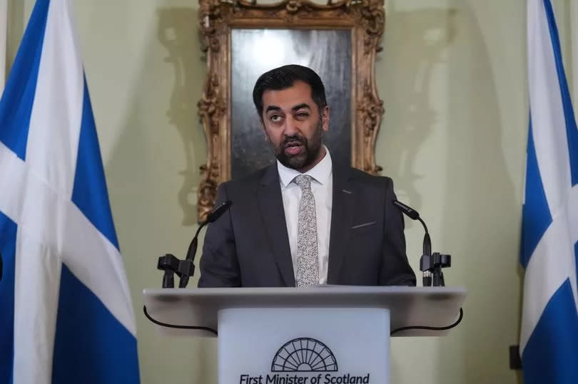 First Minister Humza Yousaf speaks during a press conference at Bute House, his official residence in Edinburgh where he said he will resign as SNP leader and Scotland's First Minister on April 29, 2024 in Edinburgh, Scotland.