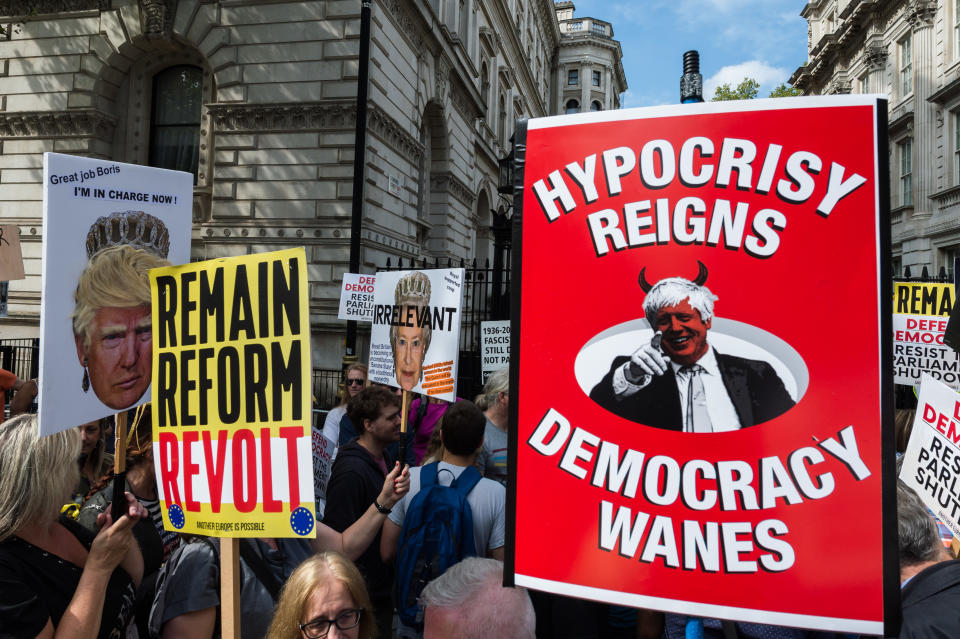 Thousands of demonstrators gather outside Downing Street on 31 August, 2019 in London, England to take part in Stop the Coup protests against the prorogation of the UK Parliament. Hundreds of thousands of people across major cities in the UK are expected to join protests against Boris Johnson's plans to suspend parliament for five weeks ahead of a Queens Speech on 14 October, which has limited the time available for MPs to legislate against a no-deal Brexit with the UK is set to leave the EU on the 31 October. (Photo by WIktor Szymanowicz/NurPhoto via Getty Images)