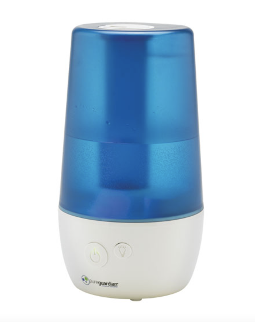 PureGuardian Ultrasonic Humidifier with Aromatherapy Tray with blue top and white bottom (Photo via Best Buy Canada)